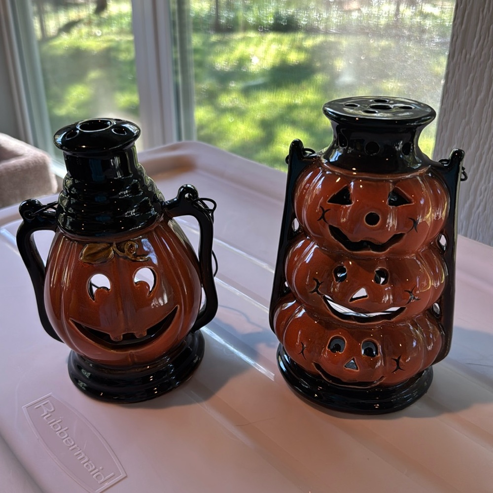 Halloween Pumpkin Lantern Candle Holders Set of 2